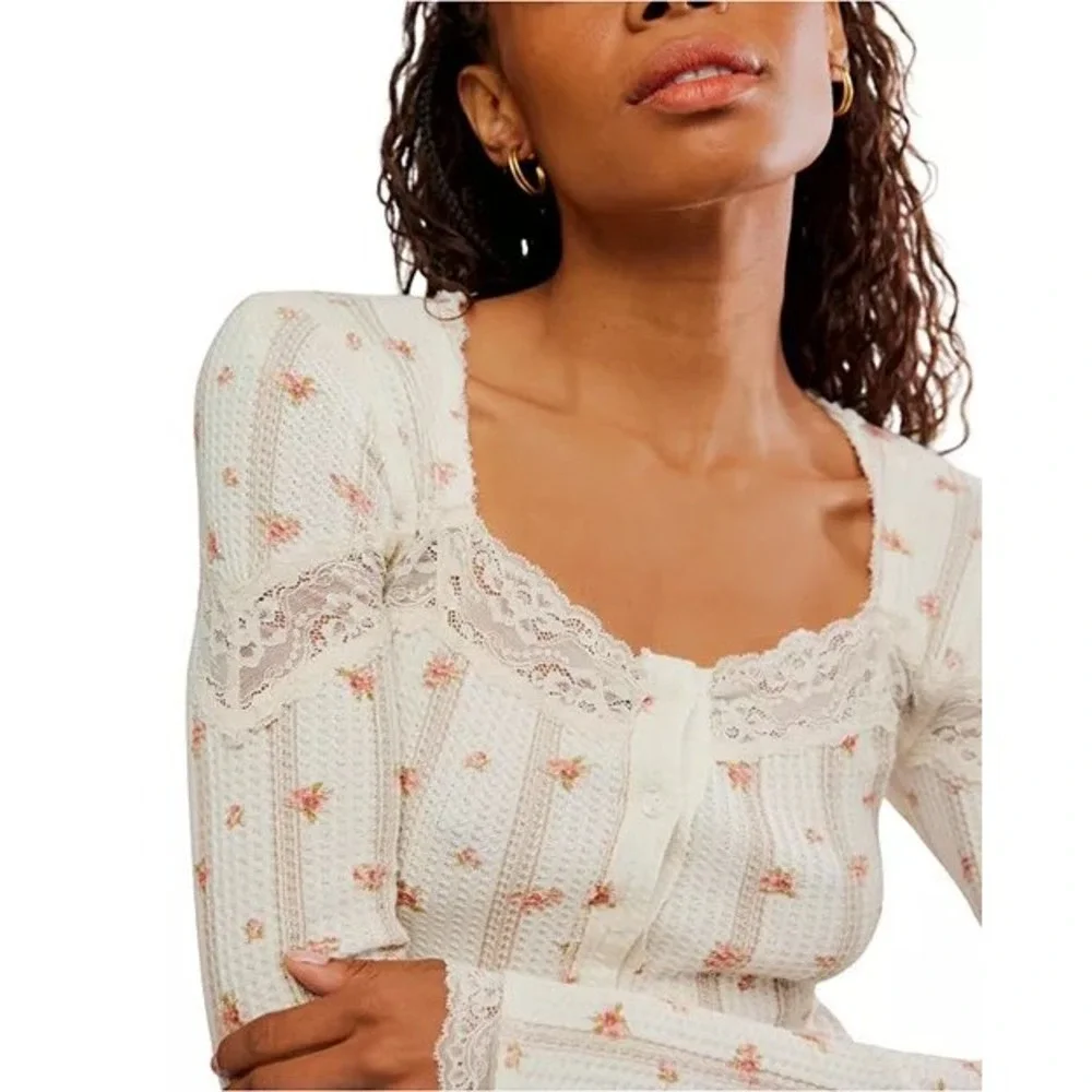 Free People Lets Party Floral Lace Trim Cotton Waffle Knit Cardi Top Cream XS